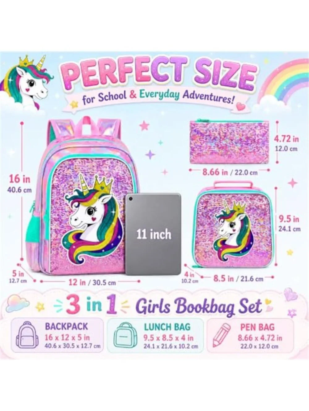 3Pcs Kids Sequin Unicorn Backpack Bookbag with Lunch Box, 16”